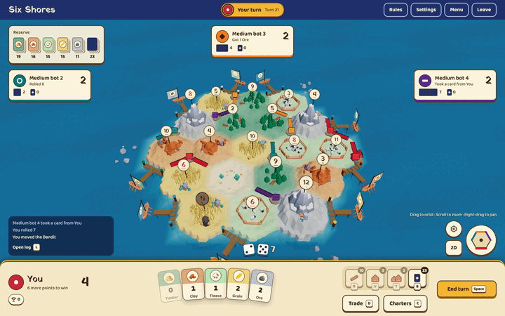 Six Shores in a desktop browser: the island in the centre, opponents around the edge, and your resource cards and build buttons below.