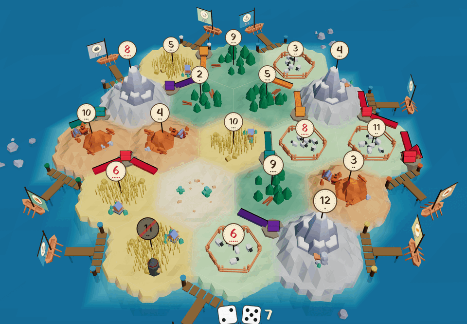 The Six Shores hex island in 3D: forest, hills, pasture, fields, mountains and dunes, with players’ villages, roads, harbours and number tokens.