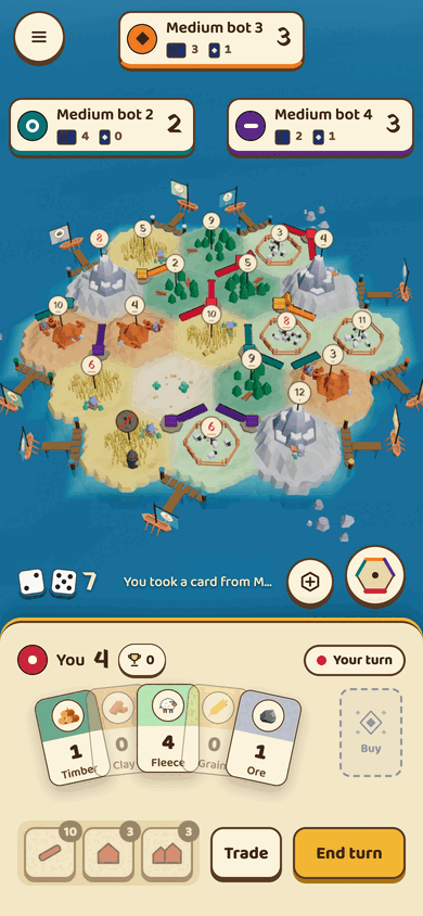 Six Shores on a phone: the island at the top, with your cards, build buttons and End turn in a panel below.